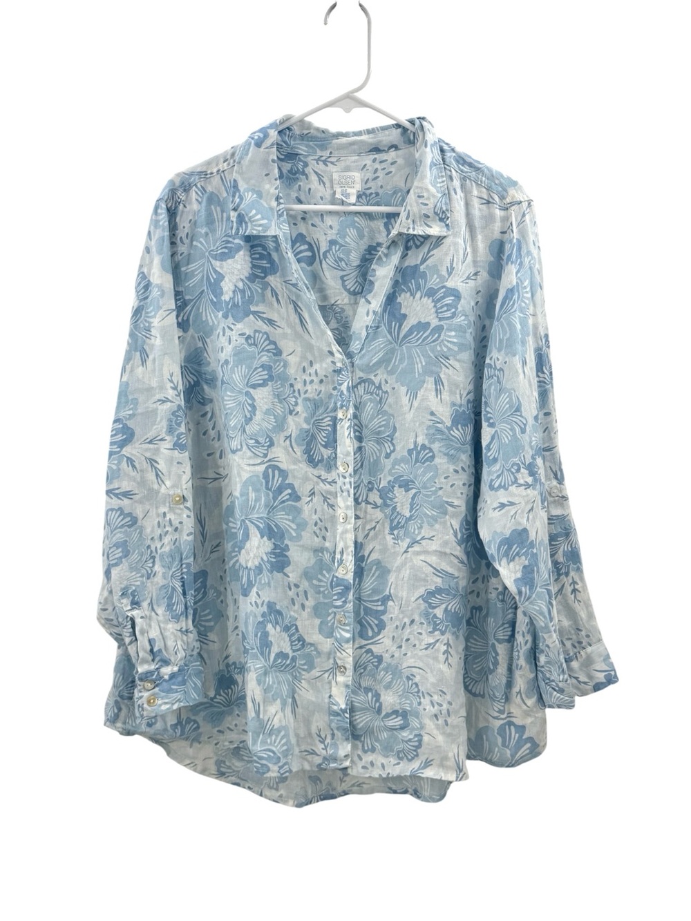 Sigrid Olsen 100% Linen Floral Button Front Shirt Blue White 2X